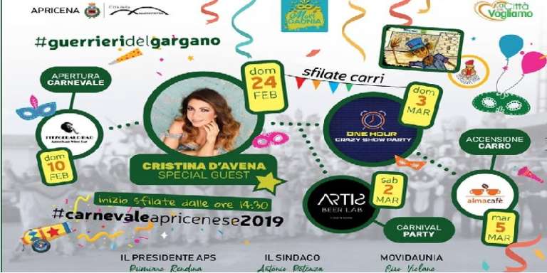 7° CARNEVALE APRICENESE 2019, “I GUERRIERI DEL GARGANO” CON CRISTINA D’AVENA. ECCO IL PROGRAMMA