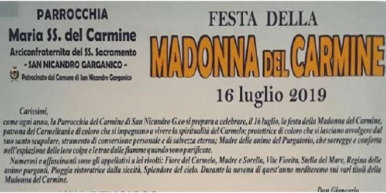 LIMITAZIONI ALLA CIRCOLAZIONE STRADALE PER I FESTEGGIAMENTI DELLA MADONNA DEL CARMINE