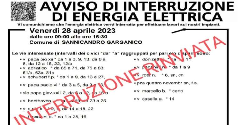 SAN NICANDRO: RINVIATA L’INTERRUZIONE DI ENERGIA ELETTRICA IN ZONA CONVENTO