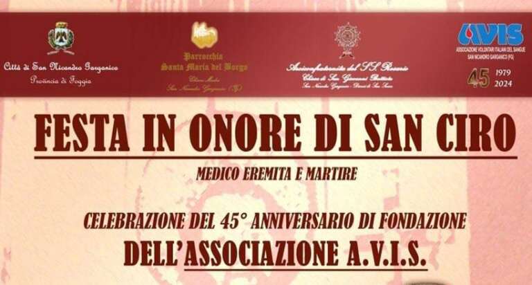 SAN NICANDRO, FESTA IN ONORE DI SAN CIRO MEDICO EREMITA E MARTIRE E 45° ANNIVERSARIO DELL’AVIS