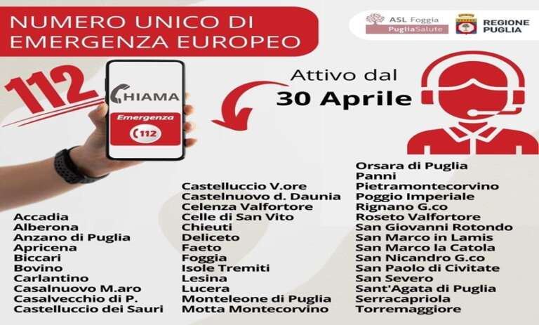 ATTIVAZIONE NUMERO UNICO EMERGENZA 112 DISTRETTO FOGGIA E SAN SEVERO