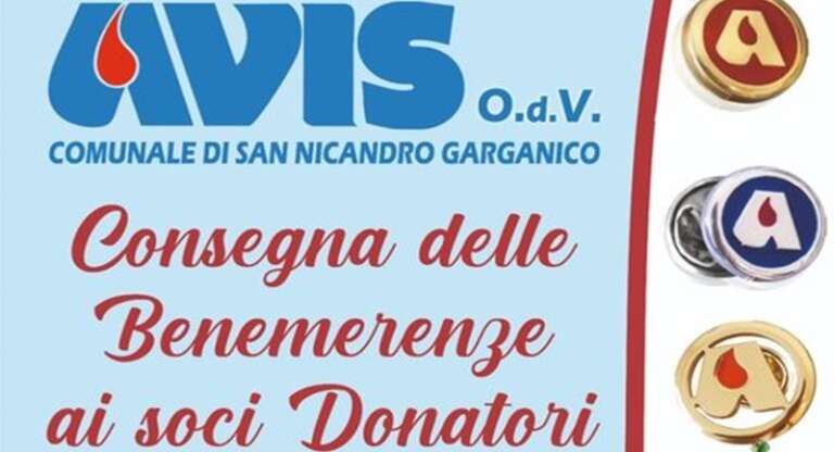 AVIS SAN NICANDRO, CONSEGNA DELLE BENEMERENZE AI SOCI DONATORI