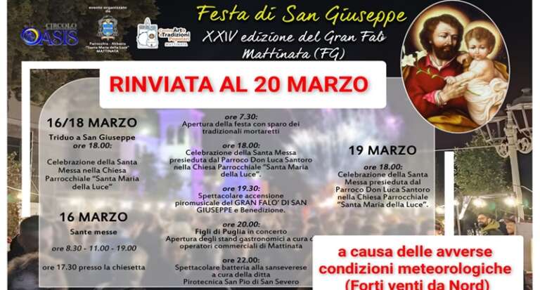 MATTINATA, RINVIATA LA FESTA DI SAN GIUSEPPE – XXIV EDIZIONE DEL GRAN FALO’